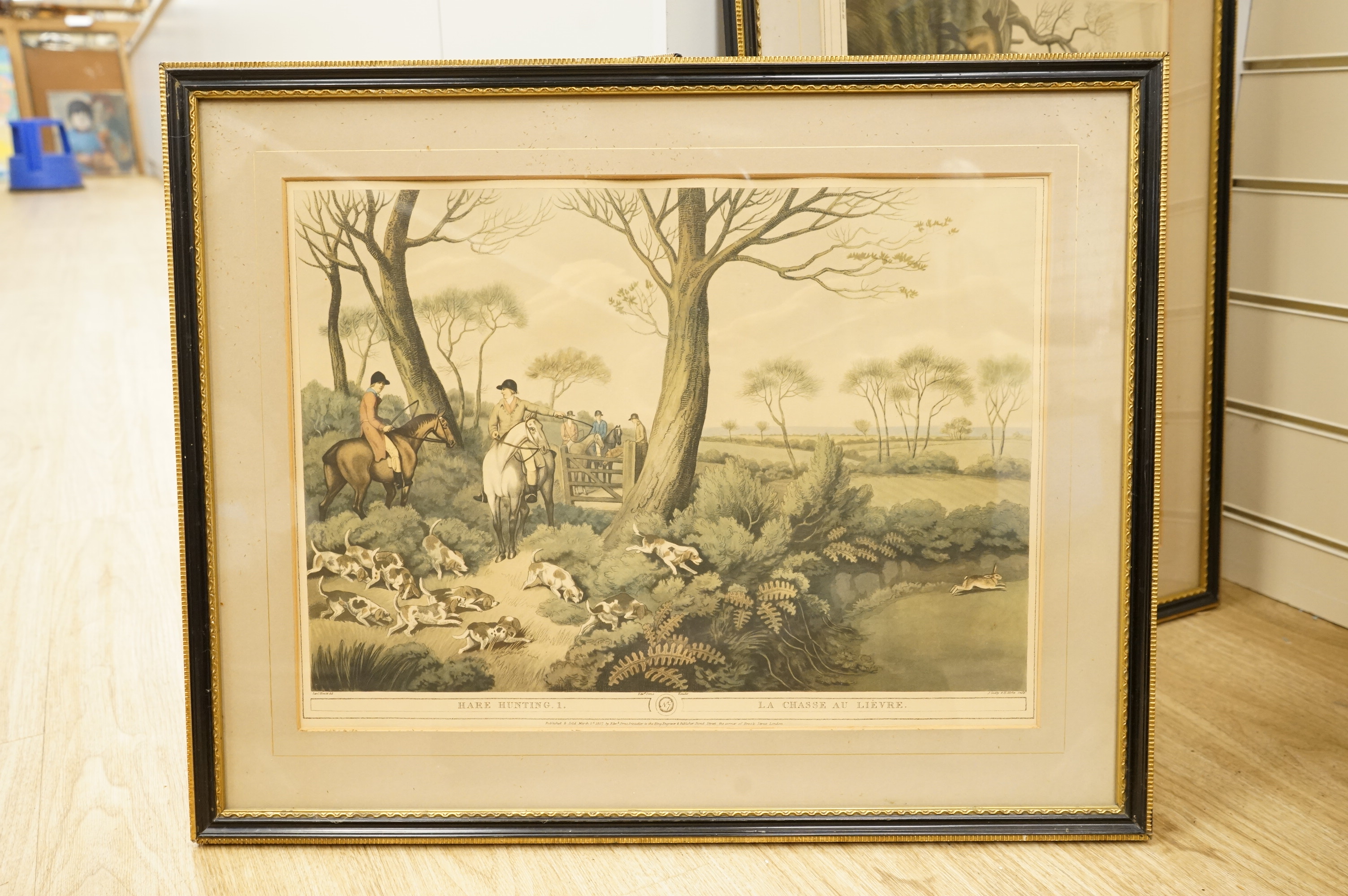After Samuel Howitt (1756-1822), Fox hunting scenes, set of four colour prints, together with a set of five smaller examples after the same artist, largest 32 x 44cm